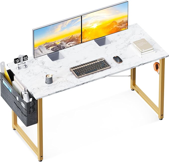 ODK Computer Desk Large Office Desk, 48 Inch Writing Desk with Storage, Modern PC Desk Work Table with Headphone Hook for Home Office, White Marble + Gold Leg - LeafyLoom