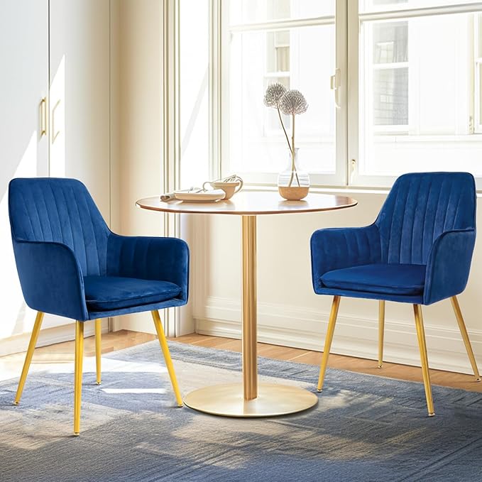 CangLong Furniture Modern Living Dining Room Accent Arm Chairs Club Guest with Gold Metal Legs, Set of 2, Navy Blue - LeafyLoom