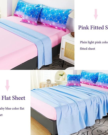 URBONUR 6 Pcs Mermaid Comforter Set Twin Size Gradient Pink and Blue Twin Bedding Sets for Girls/Kids/Teen, Colorful Glitter Printed Bed in a Bag Comforter with Sheet Set - LeafyLoom