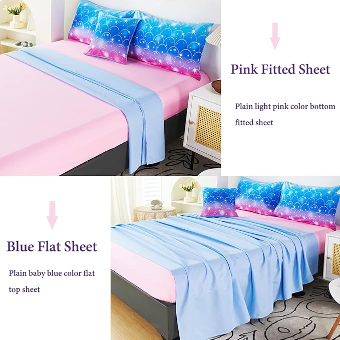 URBONUR 6Pcs Mermaid Comforter Set Queen for Girls Glitter Fish Scales Printed Bedding Set on Gradient Pink Purple Blue Soft & Fluffy Girls Bed Set with Sheets for Queen Bed - LeafyLoom