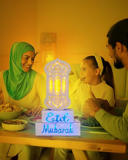 12" Ramadan Decorations, Wooden Ramadan Lantern Block with Yellow Blue Lights Eid Mubarak Ramadan Table Centerpieces for Ramadan Gifts Muslim Islam Festival Decor Eid Al Fitr Supplies - LeafyLoom
