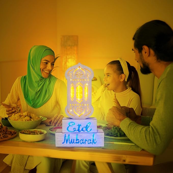 12" Ramadan Decorations, Wooden Ramadan Lantern Block with Yellow Blue Lights Eid Mubarak Ramadan Table Centerpieces for Ramadan Gifts Muslim Islam Festival Decor Eid Al Fitr Supplies - LeafyLoom