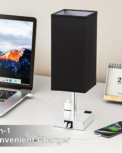 Touch Bedside Table Lamp For Nightstand - 3-Way Dimmable Night Lamp with USB A + Type C Charging Ports and two AC Outlets, Small Desk Light with E26 LED Bulb for Bedroom Living Room Dorm Office,BLACK - LeafyLoom