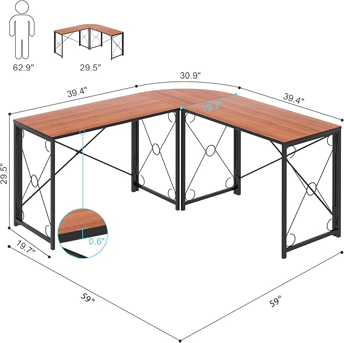 VECELO 59"x59" L Shaped Desk for Computer Gaming Multi-Usage Long 2 Person Table for Home Office Sturdy Writing Workstation, Easy Assembly/Saving Space, Rustic Brown - LeafyLoom