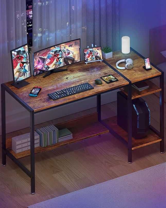 Computer Desk - 39” Gaming Desk, Home Office Desk with Storage, Small Desk with Monitor Stand, Rustic Writing Desk for 2 Monitors, Adjustable Storage Space, Modern Design Corner Table. - LeafyLoom