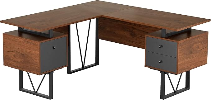 Techni Mobili Reversible Modern Versatile L Shaped Drawers and File Cabinet Home Office Desk, 59" W x 57.3" D x 30" H, Brown, Grey - LeafyLoom