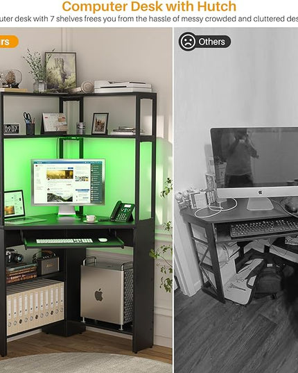 Cyclysio Small Corner Desk with Hutch, Heavy Duty Corner Computer Desk with Power Outlets & LED Light, Triangle Corner Gaming Desk with Keyboard Tray for Home Office, Small Space, Workstation Black - LeafyLoom