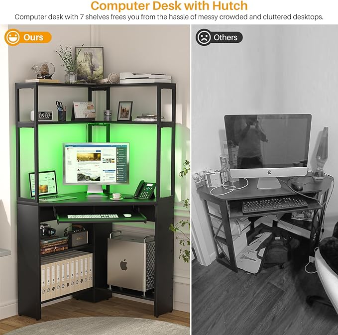 Cyclysio Small Corner Desk with Hutch, Heavy Duty Corner Computer Desk with Power Outlets & LED Light, Triangle Corner Gaming Desk with Keyboard Tray for Home Office, Small Space, Workstation Black - LeafyLoom