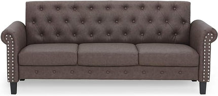 Furinno Bastia Vintage Modern Chesterfield Button Tufted 3-Seater Sofa Couch for Living Room, Brown Faux Leather - LeafyLoom