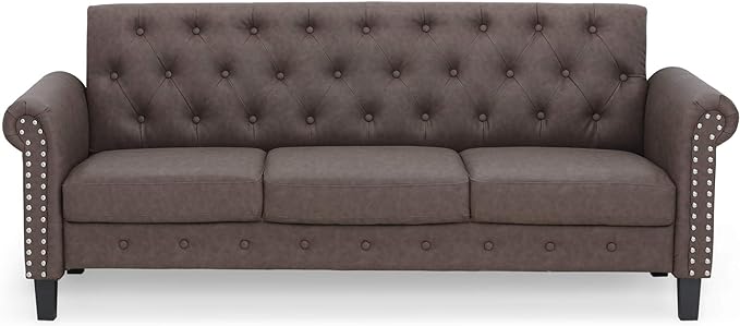 Furinno Bastia Vintage Modern Chesterfield Button Tufted 3-Seater Sofa Couch for Living Room, Brown Faux Leather - LeafyLoom
