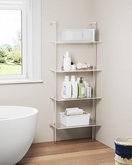 Acrylic Ladder Bookshelf, 4-Tier Clear Wall Mounted Bookshelf with Open Shelves, Multipurpose Bookcase for Living Room, Bathroom, Office, Modern, 11.6" D x 23.4" W x 59.4" H - LeafyLoom
