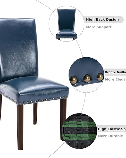 COLAMY Upholstered Parsons Dining Chairs Set of 4, PU Leather Dining Room Kitchen Side Chair with Nailhead Trim and Wood Legs - Blue - LeafyLoom