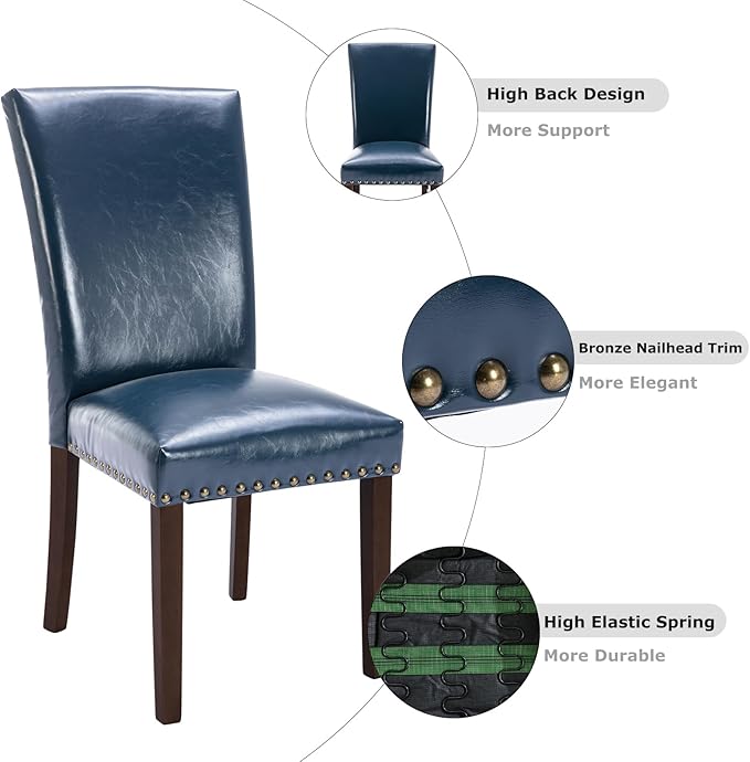 COLAMY Upholstered Parsons Dining Chairs Set of 4, PU Leather Dining Room Kitchen Side Chair with Nailhead Trim and Wood Legs - Blue - LeafyLoom