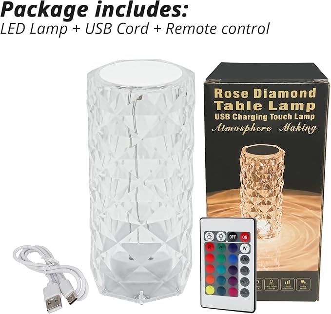 Rose Touch Lamp RGB Night Light, USB Rechargeable Touch Remote Control Crystal Light for Bedroom Living Room Home Decor Colorful Decorative Lights - LeafyLoom