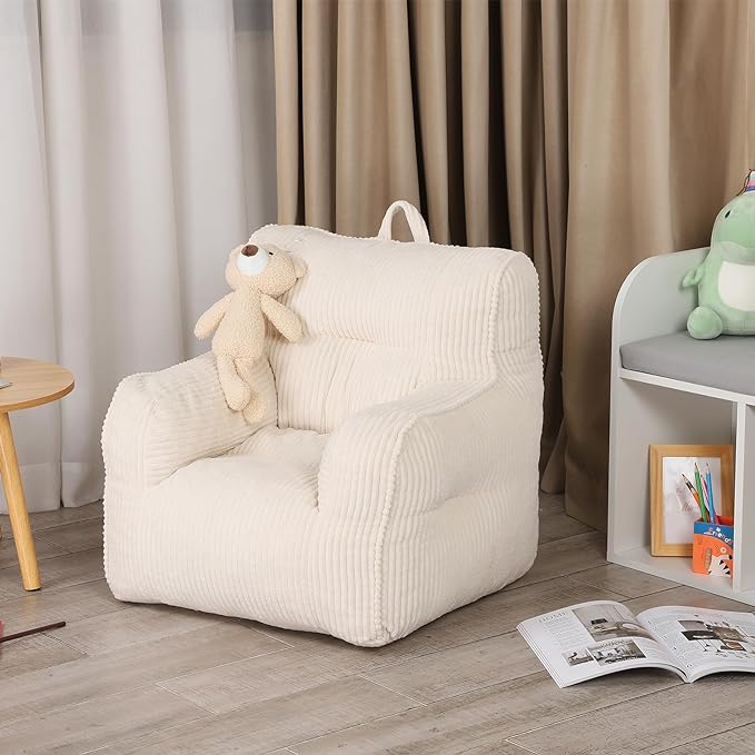 Kids Bean Bag Chair with a Plush Bear, Comfy Toddler Chair for Boys and Girls, Beige - LeafyLoom