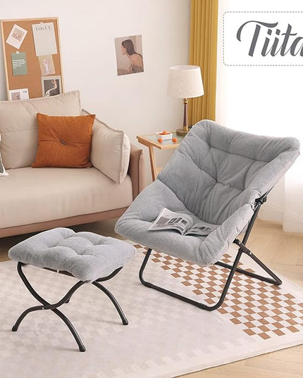 Tiita Saucer Chair with Ottoman, Soft Faux Fur Oversized Folding Accent Chair,Lounge Lazy Chair, Metal Frame Moon Chair for Bedroom, Living Room, Dorm Rooms, Garden and Courtyard - LeafyLoom