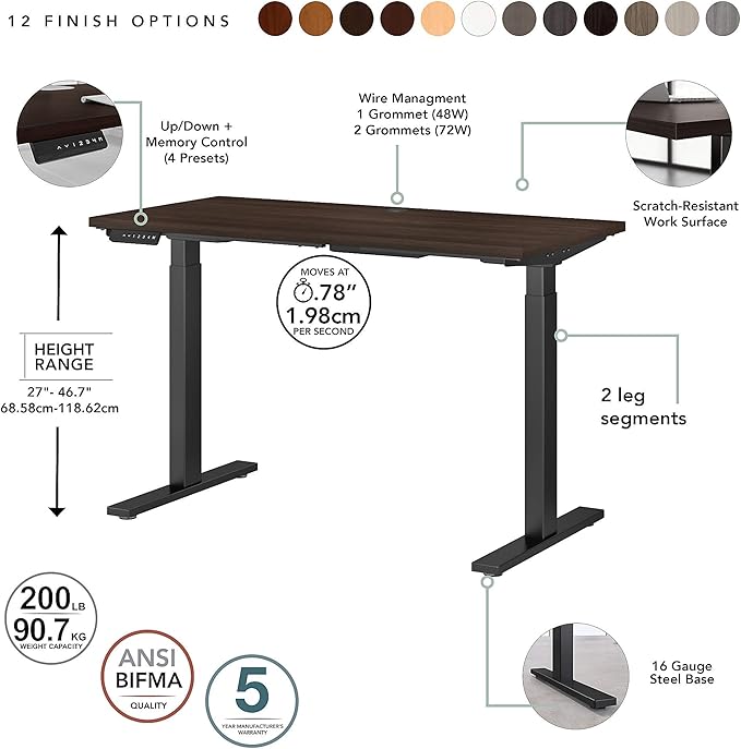 Bush Business Furniture Move 60 Electric Ergonomic Sit-Stand Computer Table for Home and Professional Office, 72W x 30D, Black Walnut - LeafyLoom