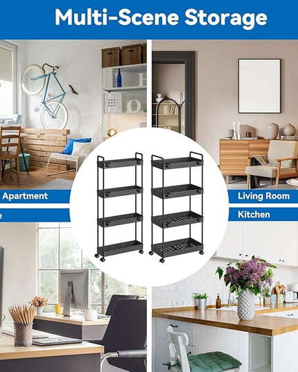 2 Pack 4 Tier Slim Storage Cart, Bathroom Organizer Laundry Room Organization Mobile Shelving Unit Slide Out Utility Rolling Rack with Wheels for Kitchen Garage Office Small Apartment Narrow Space - LeafyLoom