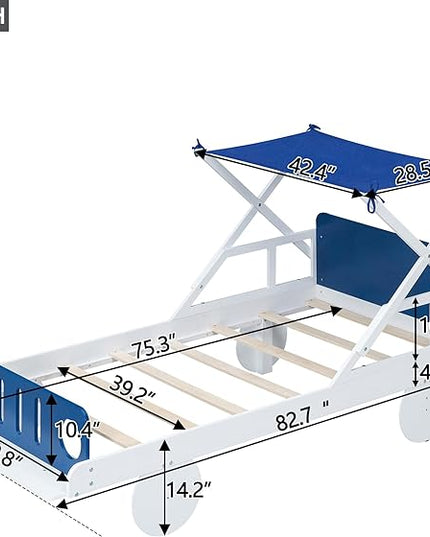 Wood Twin Size Car Bed with Ceiling Cloth, Headboard and Footboard, Car-Shaped Platform Bed W/Storage Shelves,Kids Twin-Bed-Frame for Boys,Girls,White+Blue - LeafyLoom