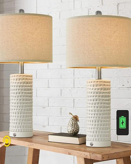 PORTRES 24" Farmhouse 3-Way Dimmable Touch Ceramic Table Lamp Set of 2 for Bedroom White Bedside Lamps with USB A+C Charging Ports for Living room Nightstand Lamp End Table lamps - LeafyLoom