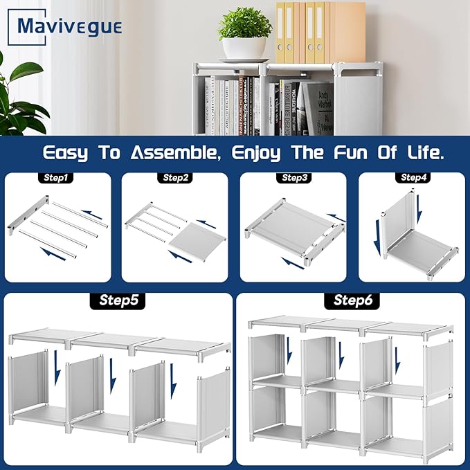 Mavivegue Book Shelf, 6 Cube Storage Organizer, DIY Bookcase, Metal Cube Bookshelf,Tall Book case for Bedroom, Living Room,Office,Closet Storage Organizer, White Cubicle Storage Rack - LeafyLoom