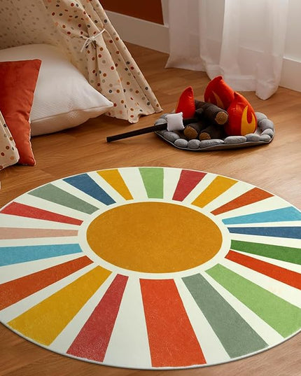 Small Round Rug 4 Ft Washable Round Rug for Kids Room, Colorful Sun Circle Rug for Playroom, Non-Slip Circular Office Carpet Soft Rainbow Rug for Bedroom Reading Corner Dorm - LeafyLoom