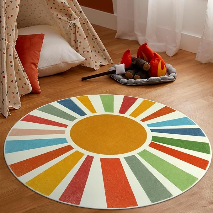 Small Round Rug 4 Ft Washable Round Rug for Kids Room, Colorful Sun Circle Rug for Playroom, Non-Slip Circular Office Carpet Soft Rainbow Rug for Bedroom Reading Corner Dorm - LeafyLoom