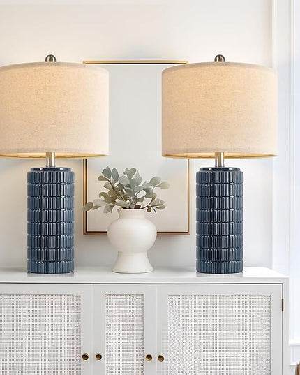 PoKat 23" Blue Table Lamp, Farmhouse Bedside Lamps for Bedroom Set of 2, Ceramic End Table Lamps for Living Room, Traditional Nightstand Desk Lamps, Medium - LeafyLoom