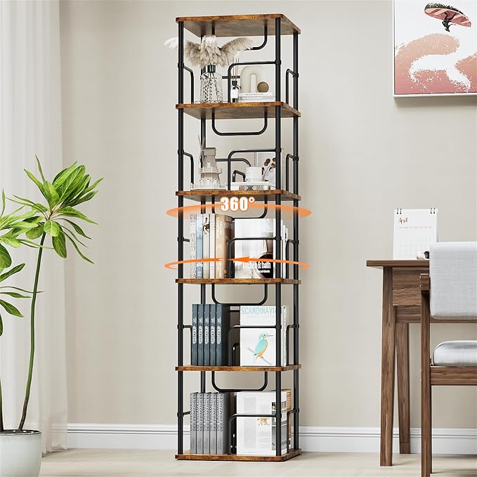 5 Tier Square Rotating Bookshelf, 360 ° Display Stackable Spinning Bookshelf Tower, Space Saving Tall Floor Standing Swivel Bookcase Corner Storage Organizer for Bedroom, Living Room, Rustic Brown - LeafyLoom