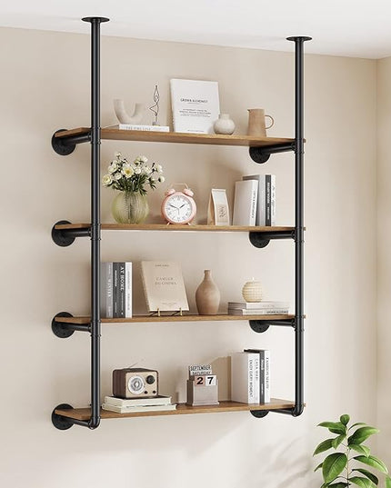 Pynsseu Industrial Iron Pipe Shelf Wall Mount, Farmhouse DIY Open Bookshelf, Pipe Shelves for Kitchen Bathroom, bookcases Living Room Storage, 2Pack of 4 Tier - LeafyLoom