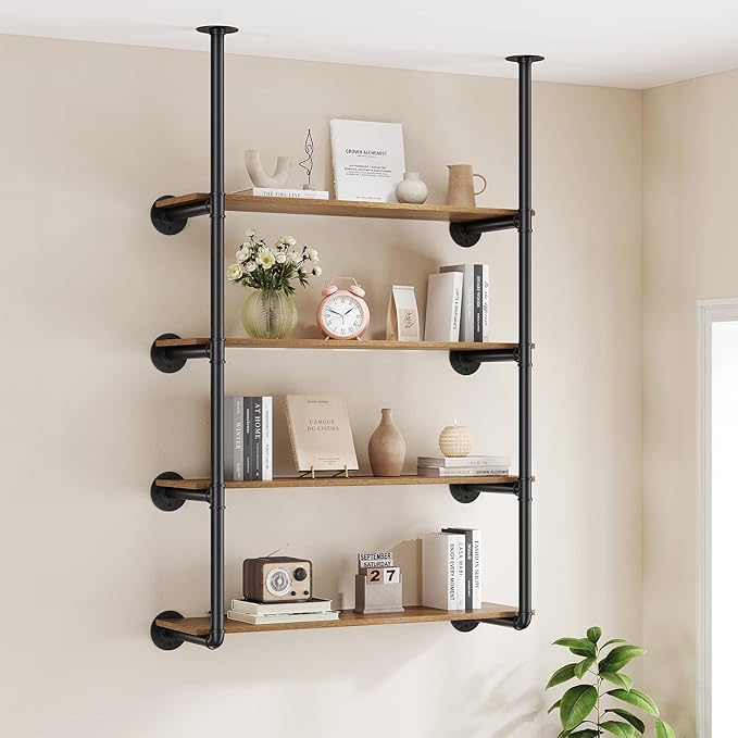 Pynsseu Industrial Iron Pipe Shelf Wall Mount, Farmhouse DIY Open Bookshelf, Pipe Shelves for Kitchen Bathroom, bookcases Living Room Storage, 2Pack of 4 Tier - LeafyLoom