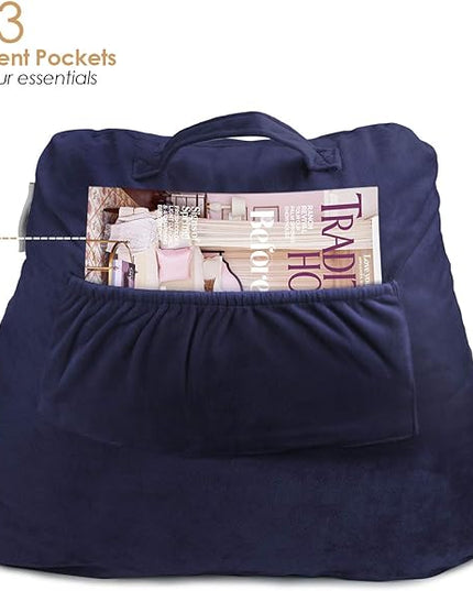Nestl Reading Pillow with Portable Laptop Lap Desk, Velvet Feel Back Pillow for Sitting in Bed, Shredded Memory Foam Back Support Pillow for Bed, Bed Rest Pillow with Arms, Small - Navy - LeafyLoom