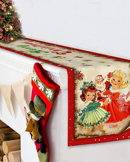 Vintage Christmas Table Runner Christmas Decorations - Red Vintage Style Santa Claus Girls Merry Christmas Winter Xmas Home Kitchen Dining Table Decor, Christmas Party Decorations 13 x 72 Inch Racenaf