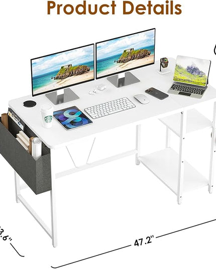 Computer Desk, 47.2” Home Office Desks, Modern Small Desk for Bedroom, Gaming Desk with Iron Hook and Height Adjustable Feet, Sturdy Student Writing Desk with Storage Bag, Storage Shelves - LeafyLoom