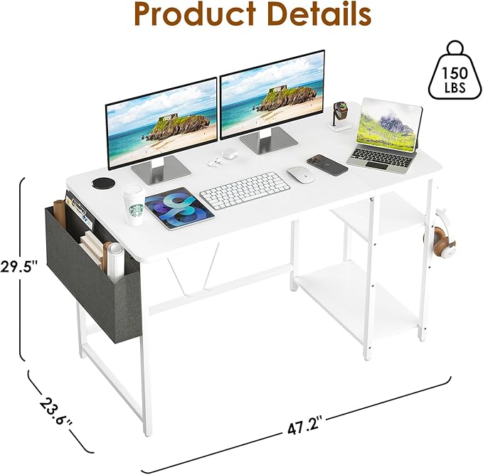 Computer Desk, 47.2” Home Office Desks, Modern Small Desk for Bedroom, Gaming Desk with Iron Hook and Height Adjustable Feet, Sturdy Student Writing Desk with Storage Bag, Storage Shelves - LeafyLoom