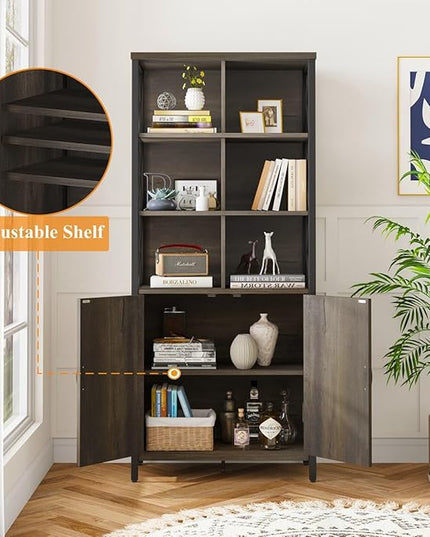FATORRI Bookshelf with Doors, Rustic Wood Bookcase with Cabinet, Industrial Tall Cubby Book Shelf and Cube Organizer Shelf for Living Room (Walnut Brown) - LeafyLoom