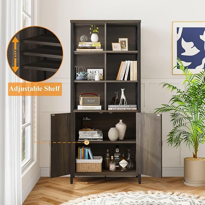 FATORRI Bookshelf with Doors, Rustic Wood Bookcase with Cabinet, Industrial Tall Cubby Book Shelf and Cube Organizer Shelf for Living Room (Walnut Brown) - LeafyLoom