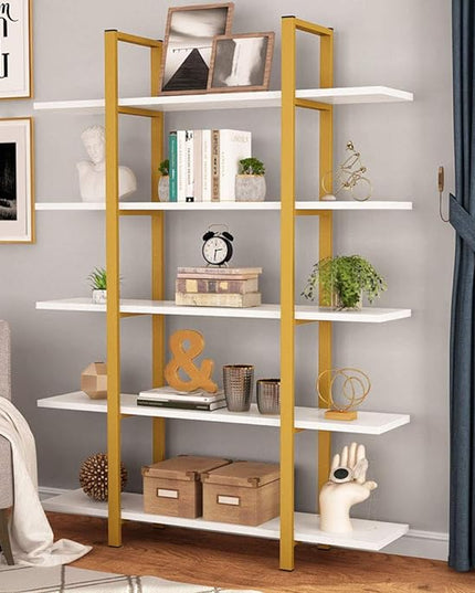 Tribesigns 5-Tier Bookshelf, Vintage Industrial Style Bookcase 70 ‘’ H x 12’’ W x 47’’L, Gold - LeafyLoom