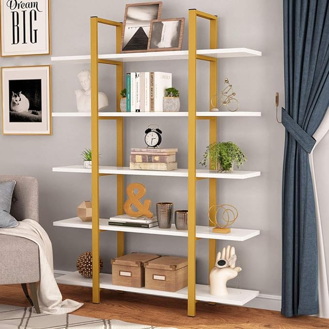 Tribesigns 5-Tier Bookshelf, Vintage Industrial Style Bookcase 70 ‘’ H x 12’’ W x 47’’L, Gold - LeafyLoom