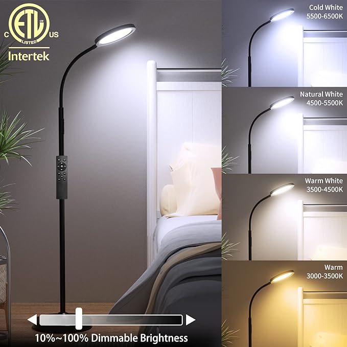 Floor Lamp,Super Bright Dimmable LED Lamps for Living Room, Custom Color Temperature Standing Lamp with Remote Push Button, Adjustable Gooseneck Reading Floor Lamp for Bedroom Office Black - LeafyLoom