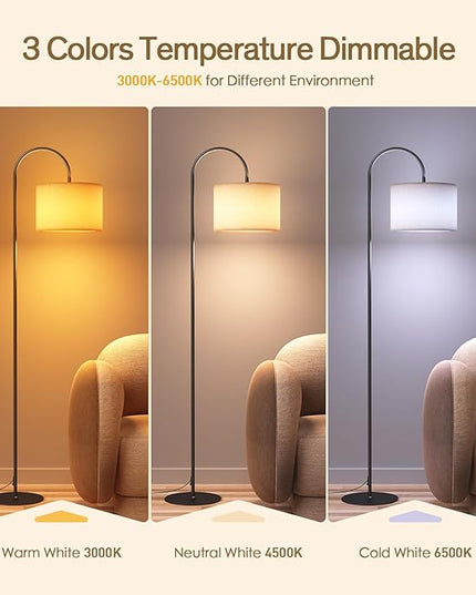 Floor Lamps for Living Room - 12W LED Bulb Modern Standing Lamp with Linen lampshade, 3 Color Temperatures Corner Floor Lamp for Office Study Room, Tall Reading Light with Adjust Head - LeafyLoom