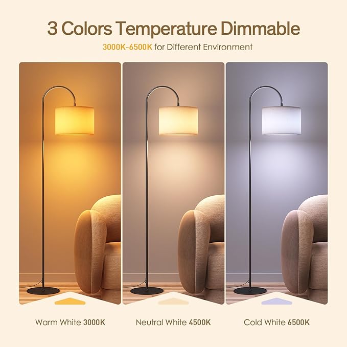 Floor Lamps for Living Room - 12W LED Bulb Modern Standing Lamp with Linen lampshade, 3 Color Temperatures Corner Floor Lamp for Office Study Room, Tall Reading Light with Adjust Head - LeafyLoom