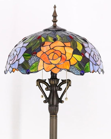 Tiffany Floor Lamp Stained Glass Standing Reading Light 16X16X66 Inch - Orange Red Rose - LeafyLoom