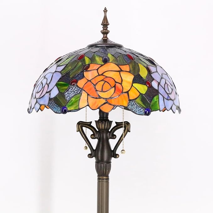 Tiffany Floor Lamp Stained Glass Standing Reading Light 16X16X66 Inch - Orange Red Rose - LeafyLoom