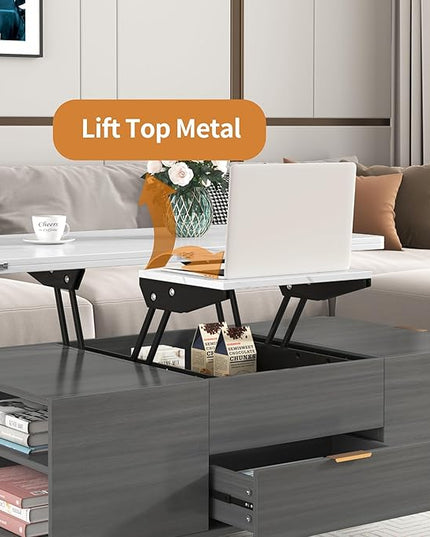 47 Inch Lift Top Coffee Table with 4 Drawers, Modern Center Table with Extendable Tabletop and Open Shelf, Multi Functional Coffee Table for Living Room, White+Grey - LeafyLoom
