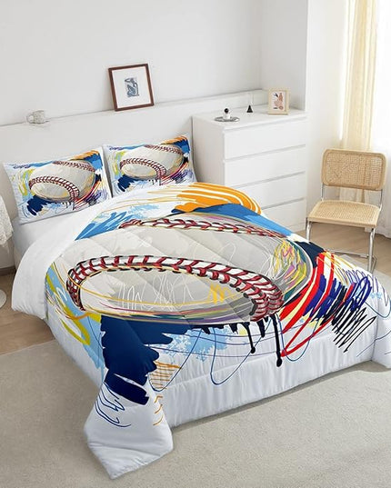 Erosebridal Baseball Comforter Set for Boys Kids King Grunge Graffiti Baseball Bedding Set Sports Theme Bed Comforter Sets Watercolor Hippie Tie Dye Quilt Duvet 2 Pillow Cases Hand Drawn Navy - LeafyLoom