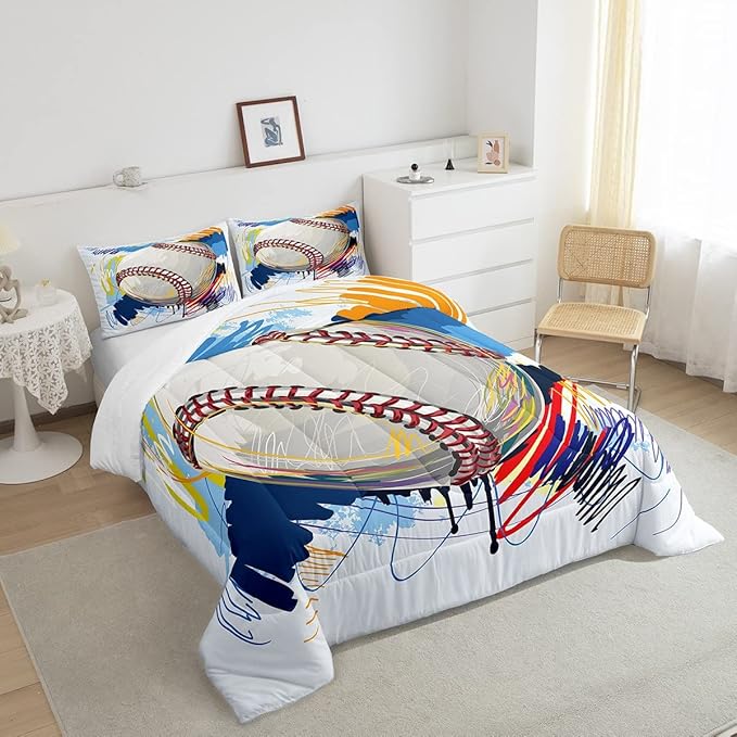 Erosebridal Baseball Comforter Set for Boys Kids Twin Grunge Graffiti Baseball Bedding Set Sports Theme Bed Comforter Sets Watercolor Hippie Tie Dye Quilt Duvet 1 Pillow Case Hand Drawn Navy - LeafyLoom