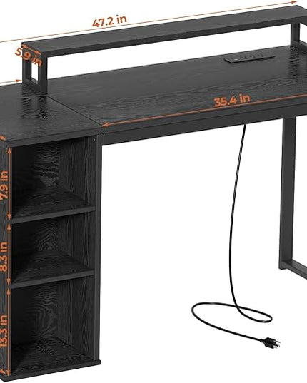 Computer Desk with LED Lights and Power Outlets 47 inch Gaming Desk with Storage Shelves, Small Home Office Desk with Monitor Stand for Bedroom,Workstation, Black - LeafyLoom