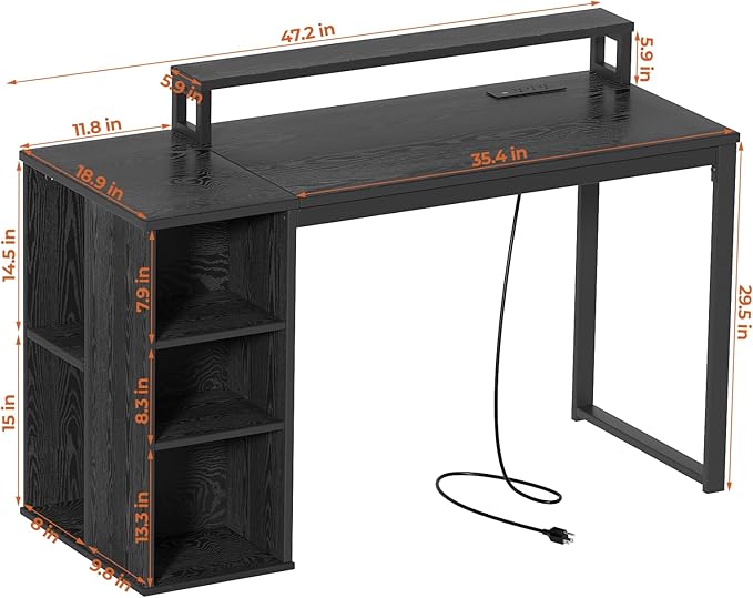 Computer Desk with LED Lights and Power Outlets 47 inch Gaming Desk with Storage Shelves, Small Home Office Desk with Monitor Stand for Bedroom,Workstation, Black - LeafyLoom