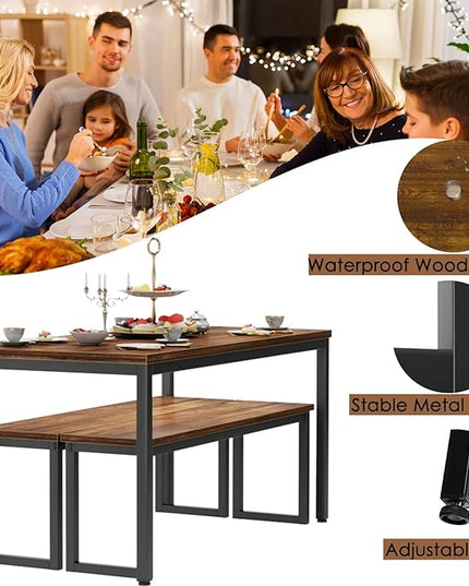 soges Kitchen Table Set with 2 Benches, Bench Dining Table Set for 4, 3 Piece Dining Room Table and Long Benches, Breakfast Table Coffee Table Set, Industrial Style Wooden Kitchen and Dining Room Set - LeafyLoom